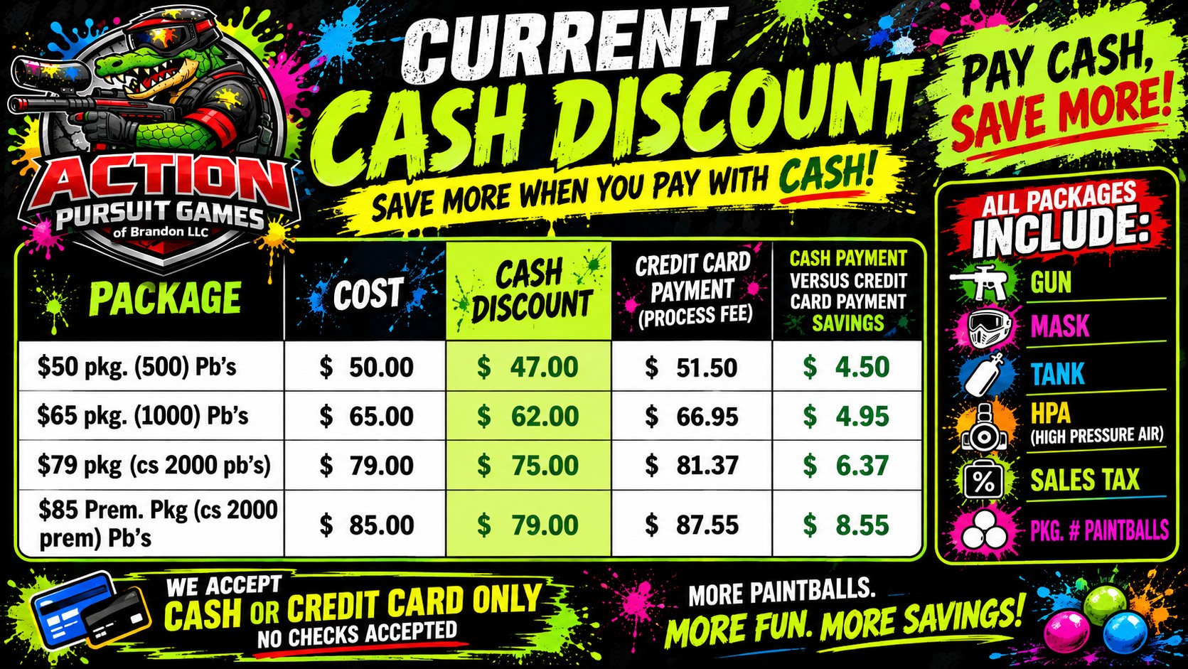 Action Pursuit Games current cash discount Paintball pricing